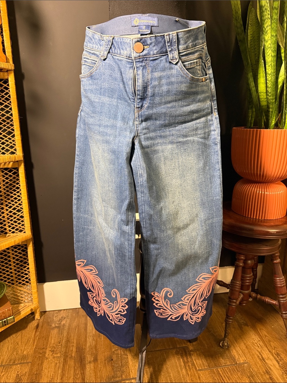 Democracy Blue Wide-Leg Jeans with Pink Embroidered Hem Detail
